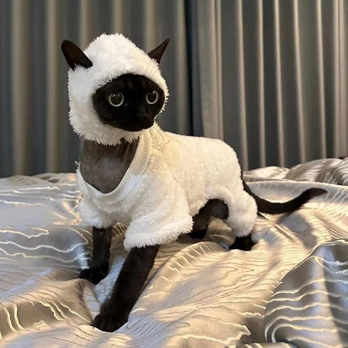 Warm Fleece Lined Winter Clothing for Sphynx & Devon Rex Cats | Soft Faux Lamb Wool | Cozy and Comfortable (Sheep Costume,S About 1.5-2kg/3.3-4.4pounds)