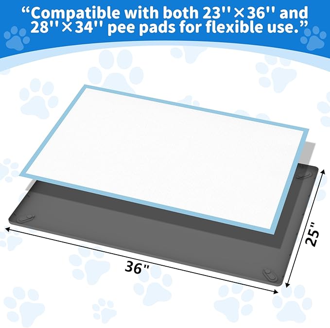 ALOOF Large Silicone Dog Pee Pad Holder 25x36 in, Puppy Potty Training Tray with Magnetic Snaps & Raised Edges, Non-Slip Floor Protector, Gray