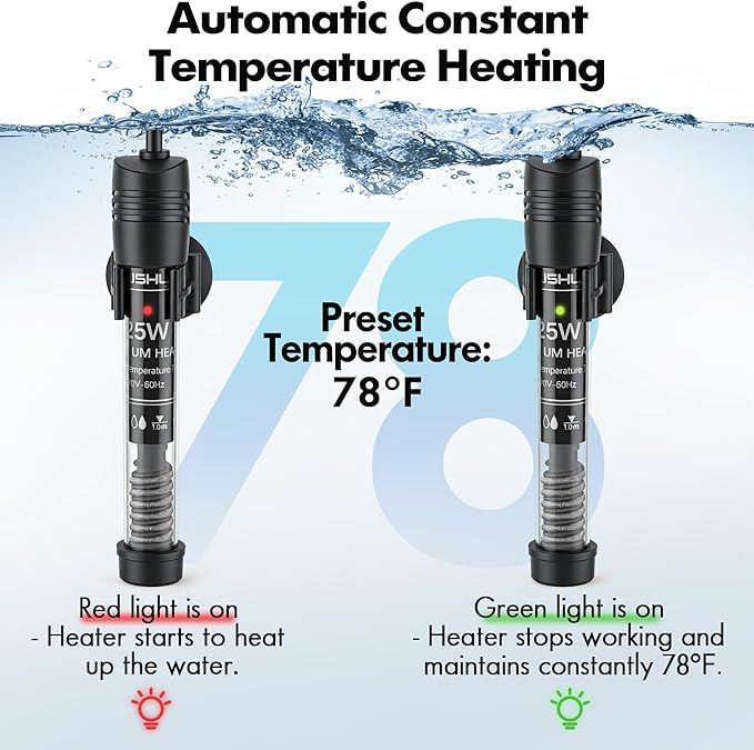 Orlushy 25W Small Submersible Aquarium Heater, Constant Temperature Betta Fish Tank Heater of 78℉ for 1-5 Gallons Freshwater & Saltwater Tanks