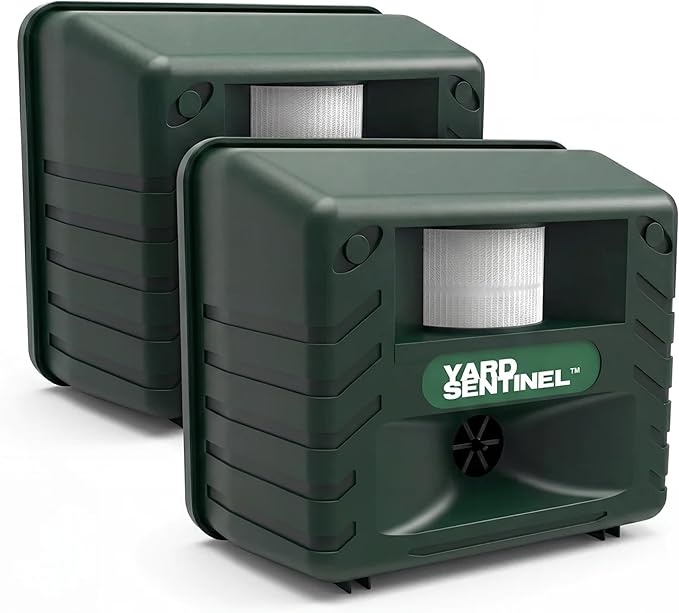 ASPECTEK Includes AC Adapter, Extension Cord Pest Repeller Yard Sentinel 2 Pack Outdoor Ultrasonic Animal Control, Green, Sound Frequency:15 kHz -18 kHz