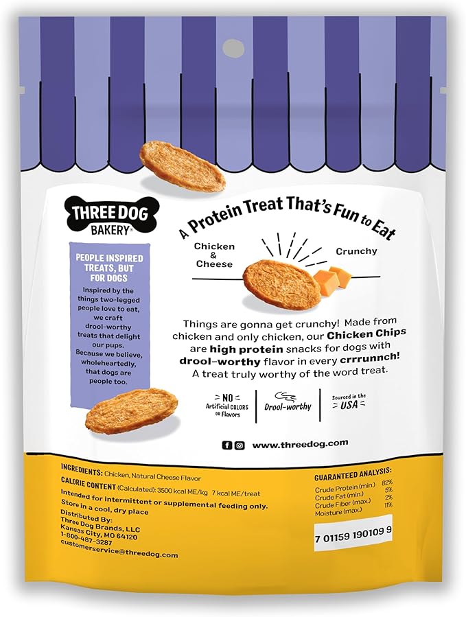 Three Dog Bakery Bark’N Crunch! Chicken Chips, Cheese Flavor, Crunchy Treat for Dogs, Two Ingredients, High Protein Snacks, No Artificial Flavors or Colors, Made in The USA, 3.8 oz.