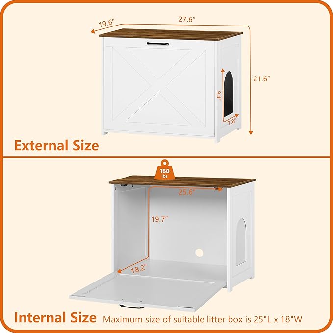 Dwanton Cat Litter Box Furniture Hidden, Cat Litter Box Enclosure, Reversible Entrance Can Be on Left or Right Side, Indoor Cabinet, Wooden Washroom, Nightstand, White and Warm Brown, 27.6" L