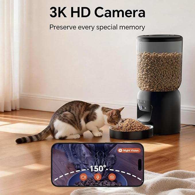 Automatic Pet Feeder with 3K HD Camera & App Control - Smart Dog Cat Feeder, 2.4G/5G WiFi, 2-Way Audio, Night Vision, Slow Feed, 6L Capacity, Battery Backup, Anti-Jam, Freshness Seal,Black