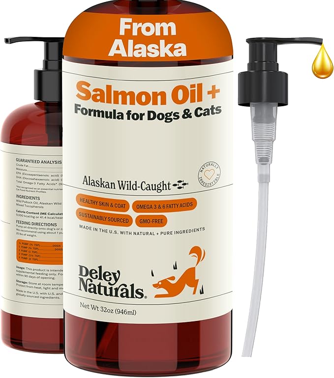 Deley Naturals Wild Alaskan Salmon Oil for Dogs & Cats - New and Improved Salmon Oil Plus Formula - Fish Oil for Dogs with Omega 3, DHA and EPA - Omega 3 for Healthy Skin and Coat - 32oz Made in USA