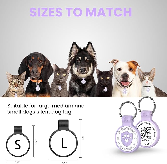 Silicone Cat Tags Personalized Small for Pet Collars, QR Code Cat Name Tags, Scan Location Alerts, Purple S