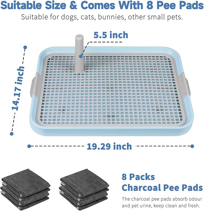 CUHIOY Dog Potty Tray Toilet 20"x14" - Indoor Pee Pad Holder with 8pcs Training Pads, Puppy Mesh Potty with Secure Latch for Small Medium Puppies - Blue