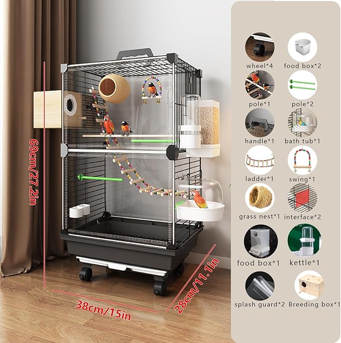 Bird Cage,Large Parrot Cage with Acrylic Doors, 3-Tier Movable Birdcage Parakeet Cage w/Wheels, 360° View Spacious Interactive Bird House (Black, with Bathtub)