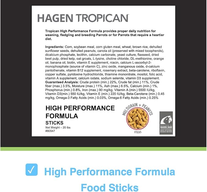 HARI Tropican Bird Food, Hagen Parrot Food Sticks with Vitamins & Minerals for Birds Needing Extra Nutrition, High Performance Formula, 20 lb Bag (Packaging May Vary)