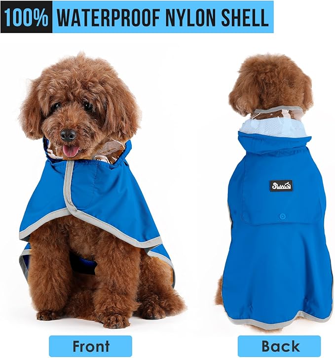 Lukovee Dog Raincoat, Adjustable Dog Rain Jacket with Clear Hooded Double Layer for Large Medium Small Dogs Puppies, Waterproof Rain Coat Poncho with Reflective Storage Pocket & Rim (Blue, S)