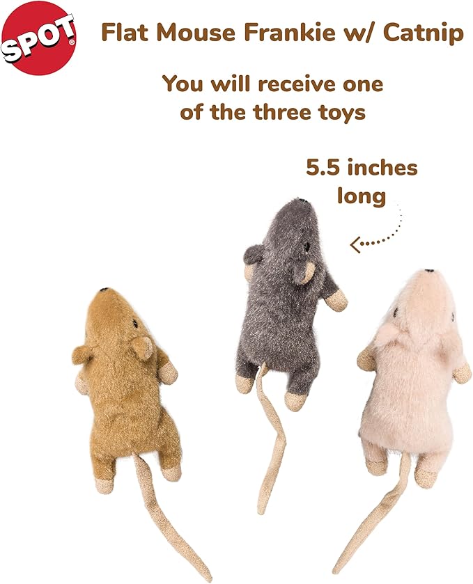 SPOT Flat Mouse Frankie with Catnip - Cat Toy, Fuzzy Mice with Catnip and Crinkle Sound, Perfect Size for Pouncing on, Chasing, Hunting - 5.5in Plush Toys, Assorted Colors (Pack of 2)