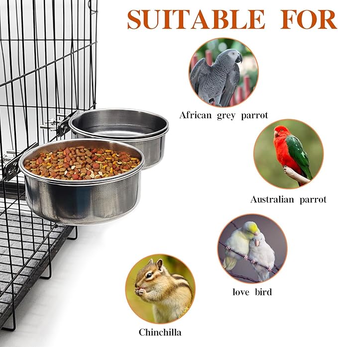 PINVNBY 2pcs Stainless Steel Bird Bowl - XL Water Dish for Parrot, Parakeet, African Greys, Conure, Cockatiels, Lovebird, Budgie, Chinchilla