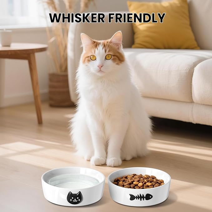 Ceramic Cat Bowls for Indoor Cats - Cat Food Bowl & Water Bowl Set of 2 with Anti-Slip Rings - Whisker Friendly Kitten Supplies Feeding & Watering - Pet Bowls for Kitten and Small Size Dog