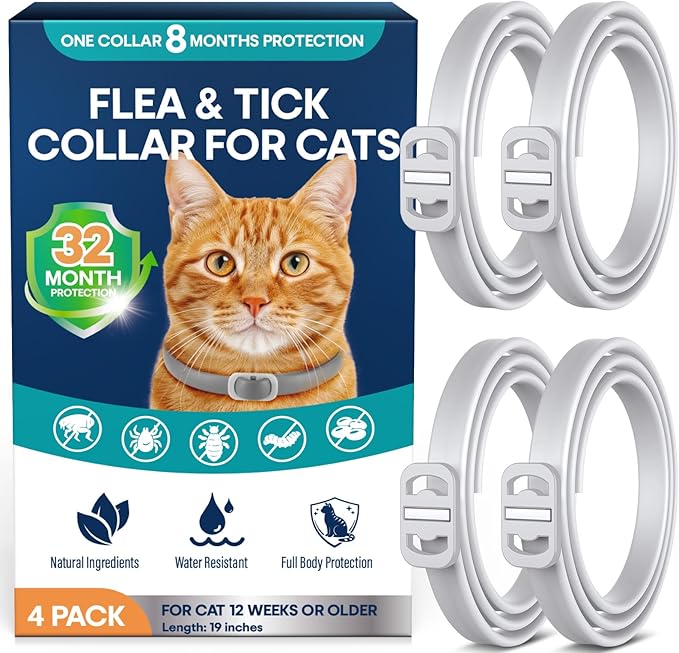 Flea Collar for Cats 4 Pack, 8-Month Flea & Tick Prevention per Collar, Natural Plant-Based, Water-Resistant, Adjustable, Fast-Acting & Long-Lasting, Safe for Adult Cats and Kittens, White