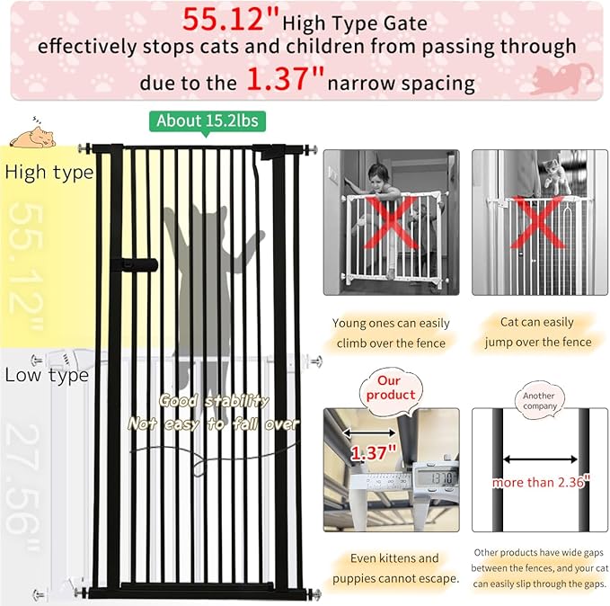 Lumizone Extra Tall Cat Gate 55.12" High Pressure Mounted Extra Wide 2025 New (17 Sizes) 1.37" Gap No Drilling Auto-Close One-Handed Operation Tall Pet Gate for Dogs(Black, 55.12" H x 63.39"-67.71" W)