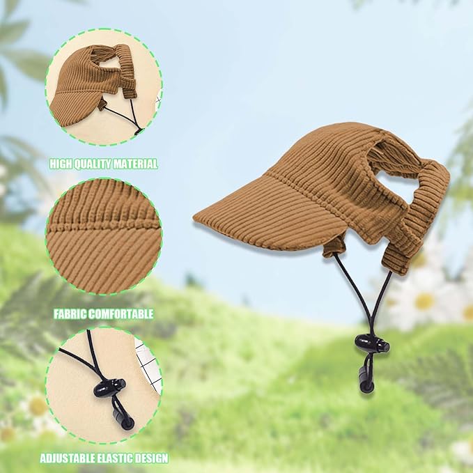 Dog Baseball Cap, Dog Cat Summer Beach Visor Hat with Ear Holes, Adjustable Puppy Sunbonnet Headdress (Brown, Small)
