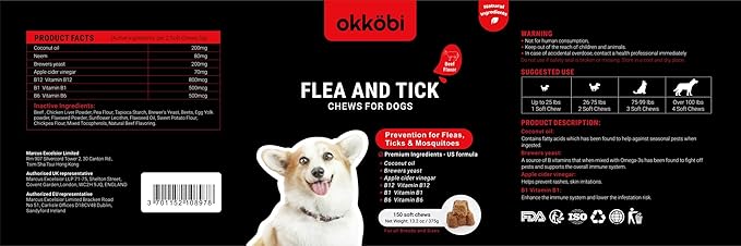 Flea and Tick Prevention Chewables for Dogs - 150 Chews - Beef Flavor - Vet-Approved Oral Treatment for Tick & Flea Control - US-Made for Dogs