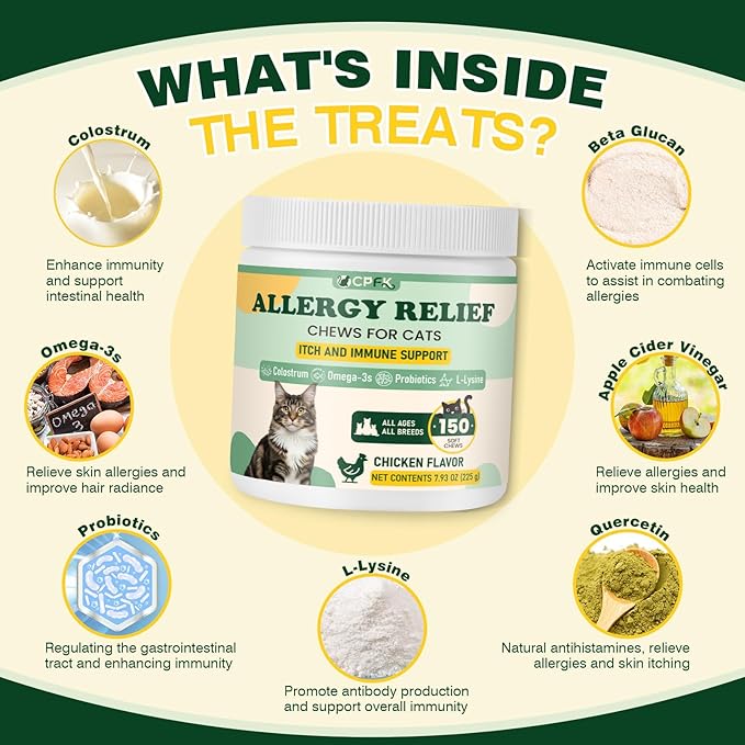Cat Allergy Relief for Cats, 150 Soft Chews for Cat Itch and Allergy Relief with Omega-3 and Probiotics Coat Health, Immune Boost and Seasonal Allergies Chicken Flavor Chews