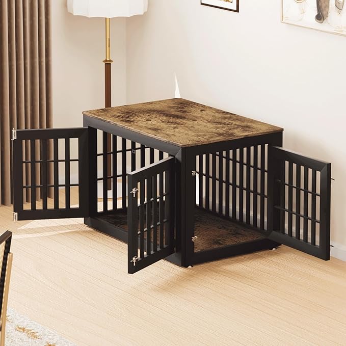 42" Heavy Duty Dog Crate Furniture for Small,Medium and Large Dogs,Rustic Wooden Dog Cage Kennel Indoor Furniture with Waterproof Top,Decorative Pet House Side End Table (Black & Wood)