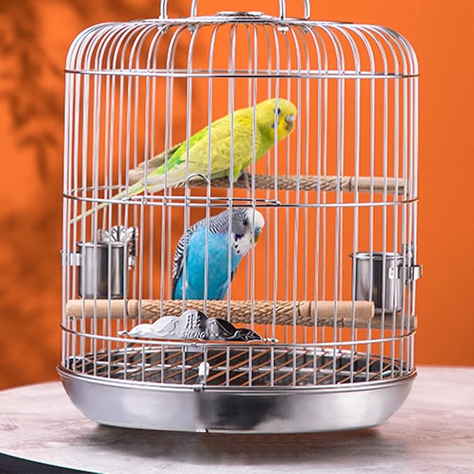 Small Bird Cage Stainless Steel Parrots Carriers With Wood Stand And Metal Cups For Lovebirds Finches Parakeets Bird Travel Cage Small With Perches Stand And Bowls For Parrots Cockatiels Conures