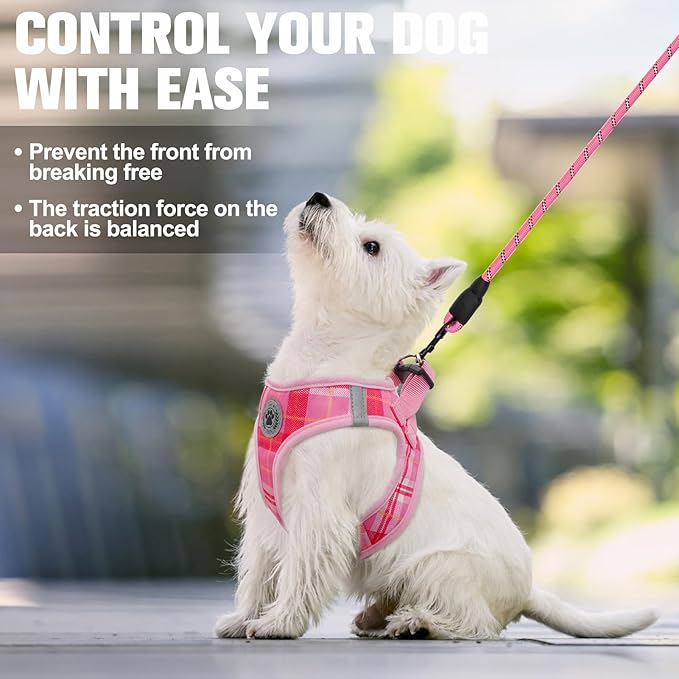 BEAUTYZOO Small Dog Harness and Leash Set, Step in No Choke No Pull Soft Mesh Dog Harnesses Reflective for Small Medium Puppy Dogs and Cats, Plaid Dog Vest Harness for S M Pets, Light Pink L