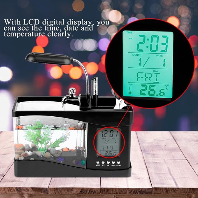 Multifunctional Mini Fish Tank, Desktop Aquarium with USB Rechargeable LED Lights, Clock Function, Black Plastic Fish Tank