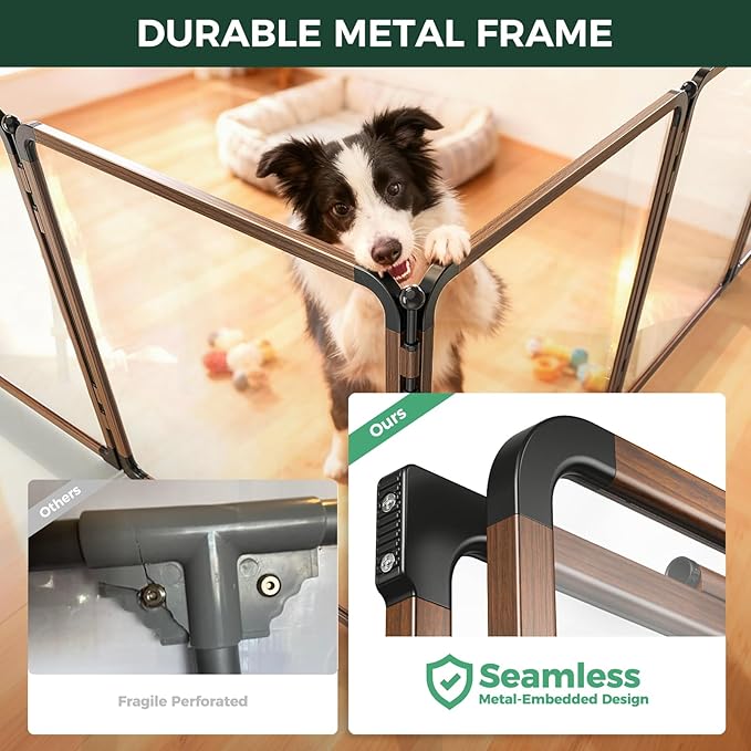 FXW AuraSpace Pro Metal & Acrylic Indoor Dog Playpen, All-Acrylic Clear Heavy-Duty Design, 32" Height 6 Panels for Small and Medium Dogs, Walnut│Patented