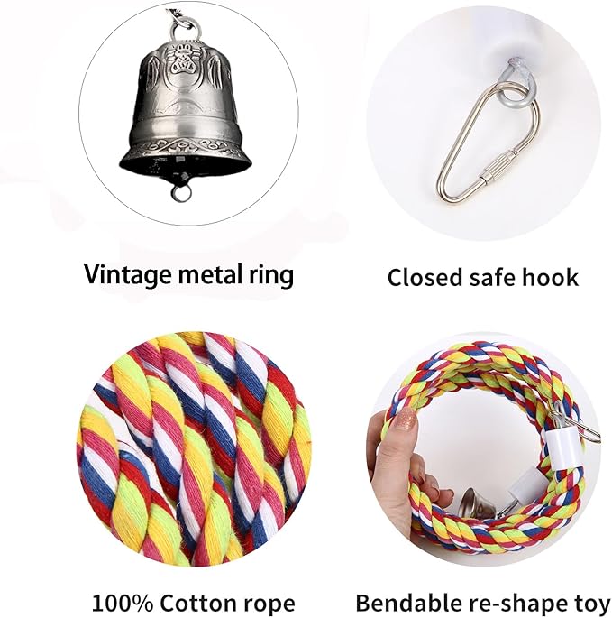 63'' Bird Rope Perches Birdcage Swing Toys 100% Cotton Natural Bird Perch Peck/Chewing with Vintage Bell Climbing Standing Bungee Parrot Toys for Small to Regular Size Parrot Cockatiel Birds