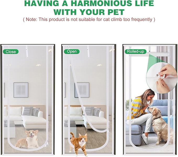 Reinforced Cat Screen Door, 32”X82” Heavy Duty Pets Proof Screen Door with Bilateral Zipper, Prevent Dogs Cats Running Out from Home, Bedroom, Living Room, Kitchen Patio Door