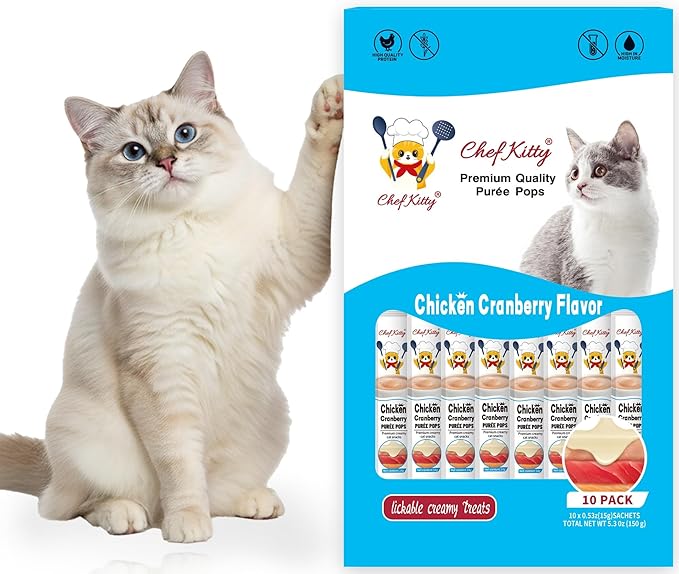 Cat Treats Lickable | Grain-Free Cat Food Toppers| Creamy Puree Squeeze Ups Urinary Tract Health & Kidney Support | 0.5 oz. Each Tube, Chicken with Cranberry Recipe | 10 Tubes