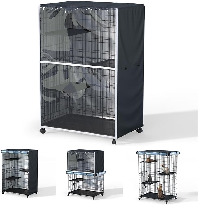 Cat Enclosure Cover for Large 3-Tier Cage - 36" L x 23" W x 50" H, 600D Waterproof Oxford Fabric with PVC Windows & Adjustable Panels(Cover Only, Black)