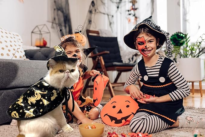 4Pcs Halloween Cat Costumes Wizard Hat Cape Pumpkin Bat Halloween Cosplay Party Cape for Cats Puppy Dogs