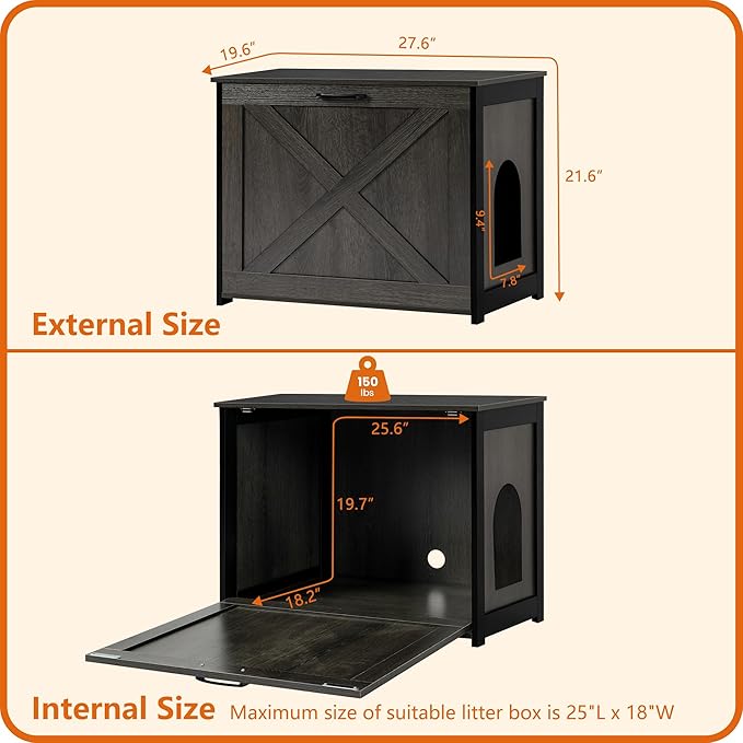Dwanton Cat Litter Box Furniture Hidden, Cat Litter Box Enclosure, Reversible Entrance Can Be on Left or Right Side, Indoor Cabinet, Wooden Washroom, End Table, Nightstand, Dark Gray, 27.6" L