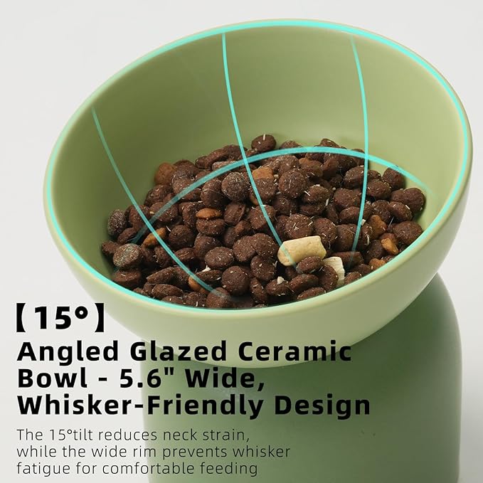 Elevated Ceramic Cat Food Bowl - 5.5" Wide Dish for Whikser Friendly, 6.6" Height for Easy Feeding, Lead & Cadmium Free, Durable Raised Cat Food Bowls, Green