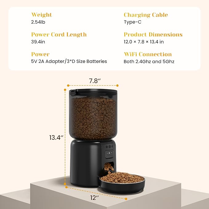 Automatic Cat Feeder with 1080p HD Camera, Automatic Dog Feeder with App Control via 2.4G/5G WiFi, Dual Power System & Voice Recording, 4L Food Dispenser for Cats and Small Dogs, Black