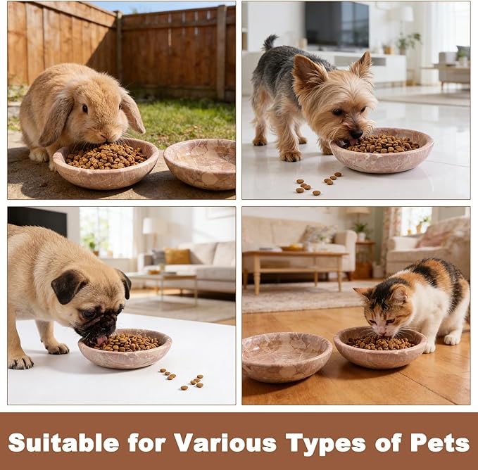 Natural Marble Cat Bowl, Weighted 1.5lb Cat Food Bowl for Cat and Small Dog, Small Animal Pet Food Dish Non-Slip, Shallow Dish for Whisker Fatigue Relief, Premium Red Stone for Home Decor