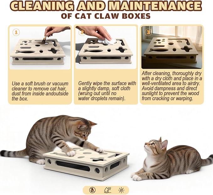 Cat Scratch Puzzle Enrichment Box, Solid Wood Construction Cat Nail File Enrichment Box with Sandpaper Inside, Cat Nail File Box Stress Free Alternative to Clippers and Grinders(No Bell Ball)