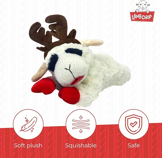 Multipet Lamb Chop Dog Plush Toy w/ Holiday Antlers - Squeaky Toy for All Dogs - Extra Soft Plush - Stuffed Animal for Cuddling & Playing (6”, Cream/Brown)
