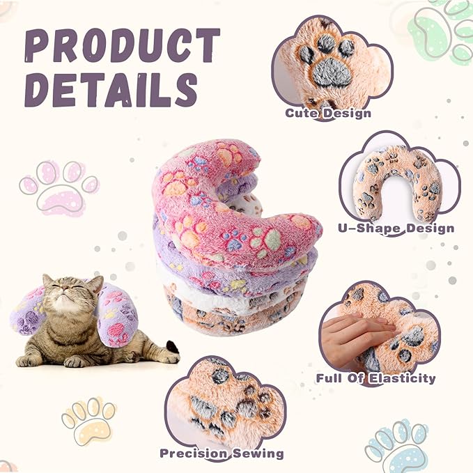 Sweetude 4 Pcs Pillows for Cats Puppy Bed Fluffy Pet Calming Soft Gifts Half Donut U Shaped Pet Neck Pillow Training Joint Relief Cervical Protection(Paw,Medium)