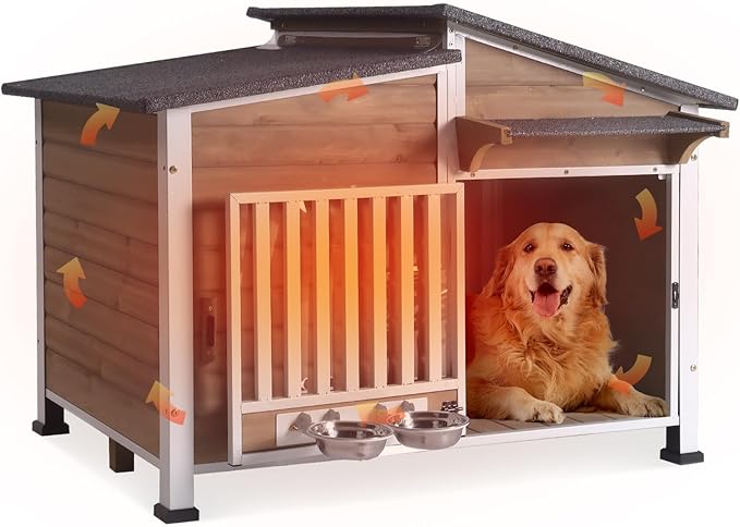 GUTINNEEN Large Outdoor Insulated Dog House Weatherproof Dog Kennel Dog Shelter with Chew-Proof Full Metal Frame, 360° Rotatable Spill-Proof Bowl, Openable Roof for Large Dog Breeds, 39.7" L