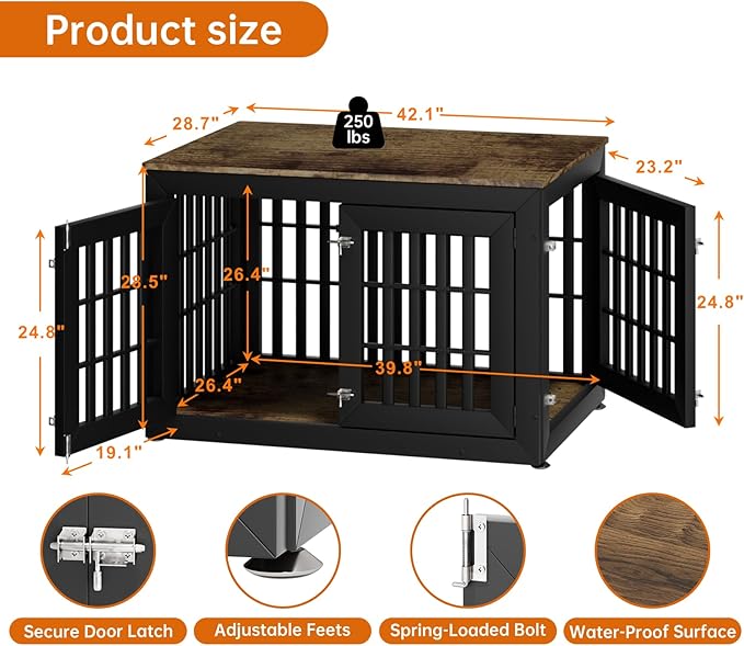 42" Heavy Duty Dog Crate Furniture for Small,Medium and Large Dogs,Rustic Wooden Dog Cage Kennel Indoor Furniture with Waterproof Top,Decorative Pet House Side End Table (Black & Wood)