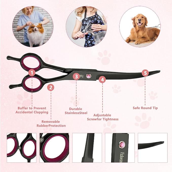 Professional Dog Grooming Scissors 4-Piece Set - Straight, Thinning, Curved Shears for Pets with Non-Slip Handles, Sharp Convex Blades & Travel Case (Black)