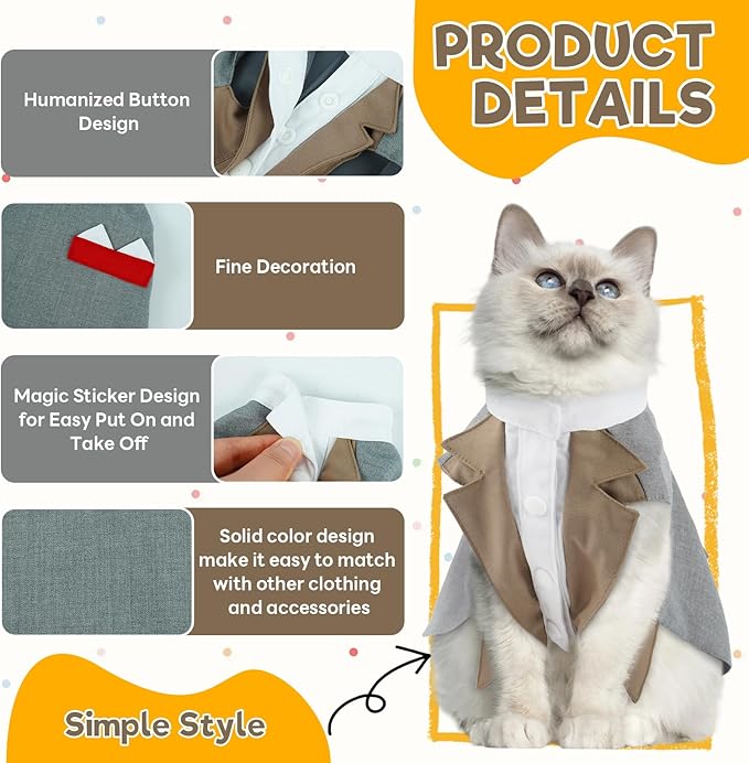 Cat Tuxedo Suit, Stylish Cat Tuxedo Outfit Formal Suit, Kitten Formal Attire Wedding Birthday Onesie Costume for Male Girl Hairless Cats, Pet Fashion Apparel Fancy Clothes, Black, XS