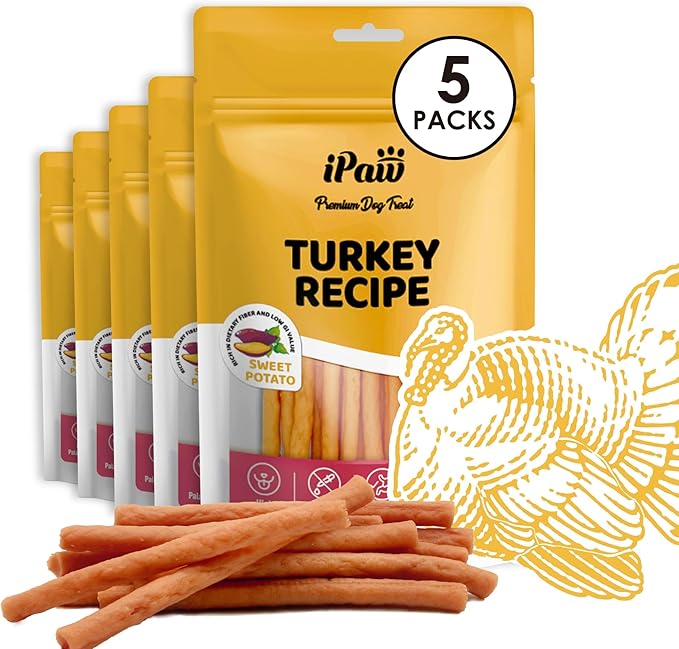 iPaw 5 Stock-Up Combo Turkey Dog Treats, All Natural Human Grade Dog Treat, Suitable for Training chew, US Sourced Raw Material, Hypoallergenic, Rawhide Alternative, Thin Stick (Sweet Potato)