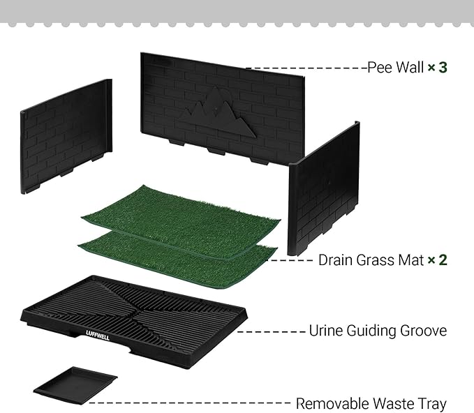 Dog Grass Pad with Tray & Drawer, Indoor Dog Potty Training System, 2 Reusable Turf Pads, 3 High Walls for Splash Protection, Easy-Clean Urine Collection Drawer for Small/Medium Dogs