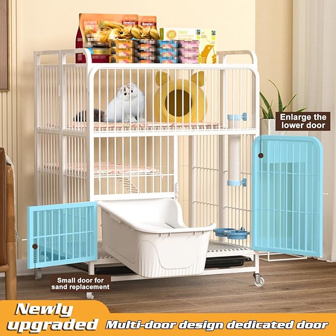 Multi-Tier Collapsible Cat Cage Crate, cat playpen for Indoor with 360° Wheels, Metal Wire Cat Kennel with Secure Lock, Large Ferret Playpen for Adult Cats Kitten Chinchilla (White 3-Tier)