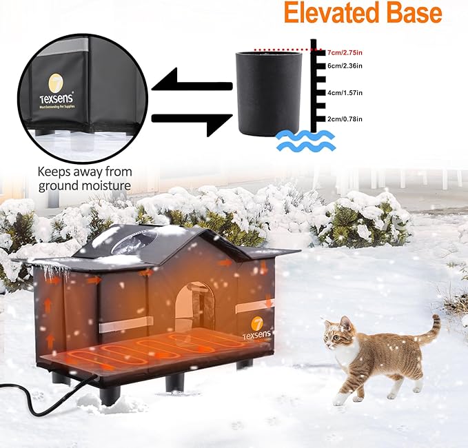 Texsens Heated Cat House for Outside - Weatherproof Large Outdoor Cat Shelter with Roof Window & Cozy Cushion - Ideal for Stray/Feral Cats