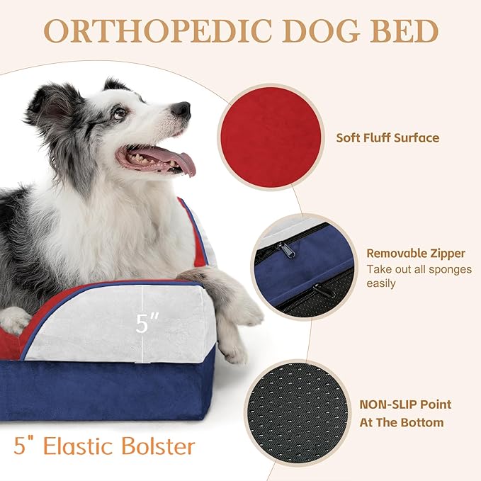 Comfort Expression Orthopedic Dog Bed for Extra Large Dogs 42x30 Inch, Waterproof Egg Crate Foam XL Pet Bed with Removable Bolsters, Dog Couch with Washable Cover & Non-Slip Bottom, Primary Tri-Color