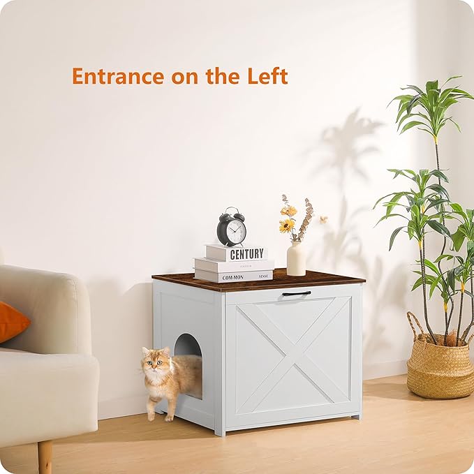 Dwanton Cat Litter Box Furniture Hidden, Cat Litter Box Enclosure, Reversible Entrance Can Be on Left or Right Side, Indoor Cabinet, Wooden Washroom, End Table, White and Rustic Brown, 27.6" L