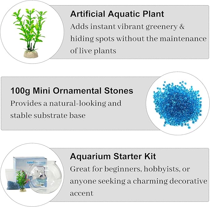 DARENYI Plastic Goldfish Fish Bowl Drum Round Crystal Clear Aquarium Fish Tank Starter Kits with 1 Artificial Aquatic Plant and 1 Bag Mini Ornamental Stones (0.72Gallon/ 2.75L)