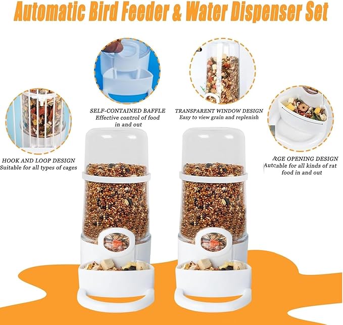 2 Pieces Bird Feeder Water Dispenser, Automatic Bird Feeder and Drinker Set for Cage, No Mess Hanging Parrot Food Bowl, Parakeet Cage Accessories for Hamsters,Pigeons,Parrot (A)